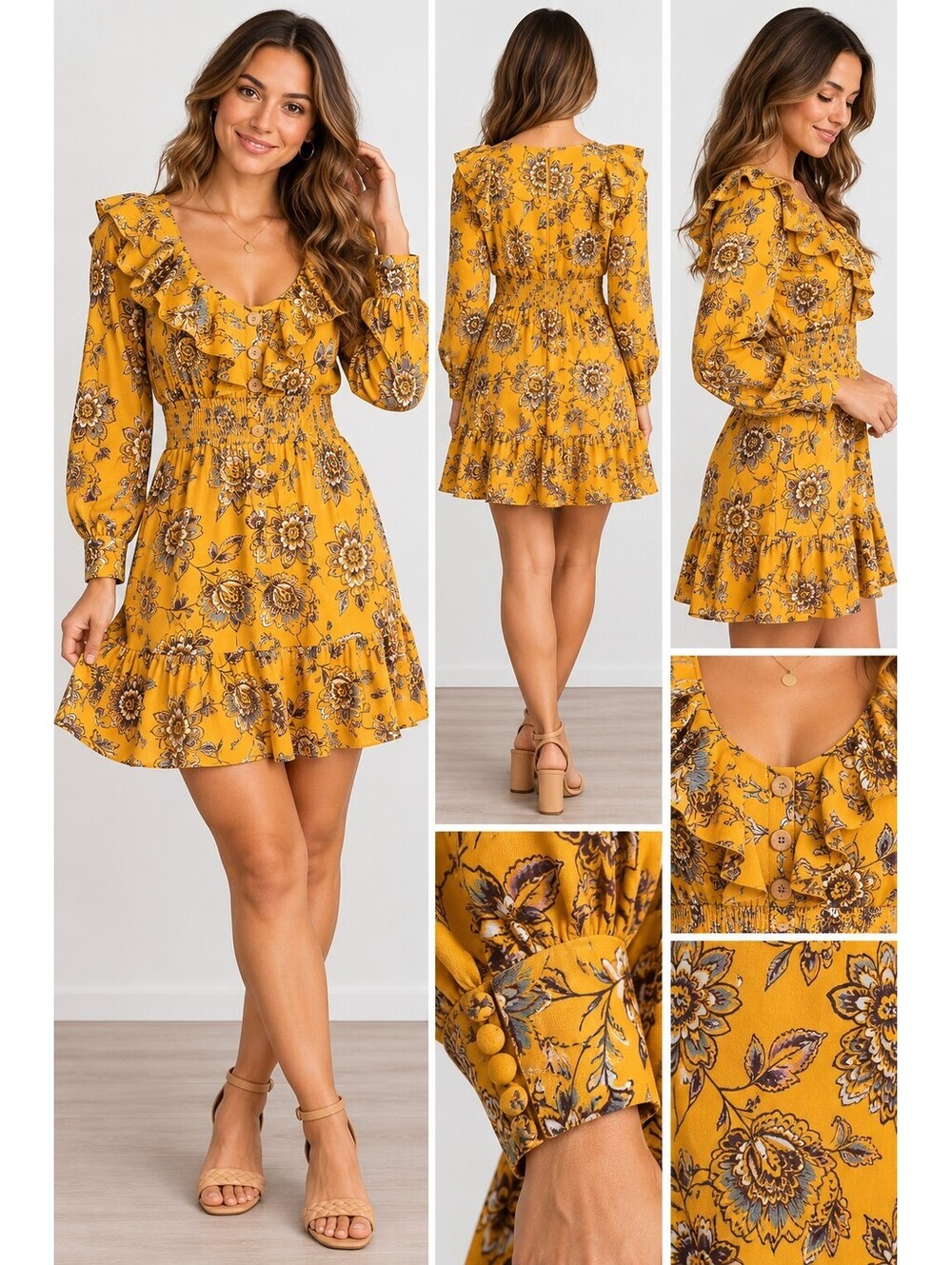 JustFab Floral Ruffle Mini Dress XL Mustard Yellow Smocked Waist NWT